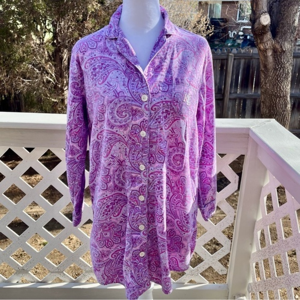 Lauren Ralph Lauren Black Label Purple Pink Paisley Nite Shirt Gown Women Medium